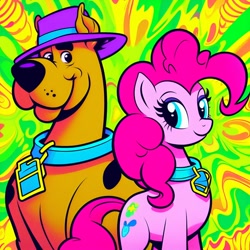 Size: 1024x1024 | Tagged: safe, ai content, derpibooru import, generator:dall-e 3, machine learning generated, pinkie pie, dog, earth pony, pony, g4, abstract background, collar, crossover, dog collar, eyeshadow, female, great dane, hanna barbera, hat, makeup, male, mare, prompter:alexjungleplayboy, scooby-doo, scooby-doo!, wrong cutie mark