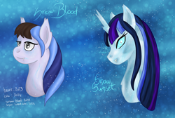 Size: 4000x2682 | Tagged: safe, artist:loopina, derpibooru import, oc, oc only, oc:snow blood, oc:snow sunset, bat pony, unicorn, wendigo, duo, female, horn, hybride, ice, mare, simple background, snow