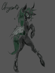 Size: 3001x4000 | Tagged: safe, artist:toxikil, derpibooru import, queen chrysalis, changeling, changeling queen, semi-anthro, g4, choker, dock, eyelashes, horn, raised hoof, raised leg, raised tail, simple background, sketch, solo, tail