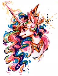 Size: 1489x1944 | Tagged: safe, artist:drizzledazzle, derpibooru import, princess celestia, alicorn, pony, g4, bust, crown, ethereal mane, female, folded wings, horn, jewelry, magic, mare, peytral, regalia, signature, simple background, solo, white background, wings