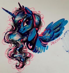 Size: 1941x2048 | Tagged: safe, artist:drizzledazzle, derpibooru import, princess luna, alicorn, pony, g4, bust, crown, ethereal mane, female, horn, jewelry, mare, peytral, regalia, signature, simple background, smiling, solo, spread wings, white background, wings