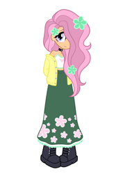 Size: 1640x2360 | Tagged: safe, derpibooru import, fluttershy, human, equestria girls, g4, bare shoulders, blue eyes, boots, choker, clothes, ear piercing, flower, flower in hair, hair over one eye, humanized, long skirt, piercing, pink hair, redesign, shoes, short shirt, skirt, smiling, solo, sweater, tanktop