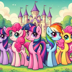 Size: 1024x1024 | Tagged: safe, ai content, artist:tom artista, derpibooru import, machine learning generated, pinkie pie, rainbow dash, twilight sparkle, earth pony, pegasus, pony, unicorn, g4, artificial intelligence, castle, cloud, colored, female, flag, horn, pegasus pinkie pie, race swap, siblings, sky, tree, twins