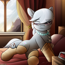 Size: 2000x2000 | Tagged: dead source, safe, artist:andaluce, derpibooru import, silver spoon, earth pony, g4, alarm clock, bed, bedroom, chest fluff, clock, clothes, eye clipping through hair, female, filly, fluffy, foal, jewelry, necklace, on bed, pearl necklace, pillow, socks, solo, sunrise, waking up