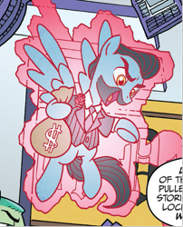 Size: 565x698 | Tagged: safe, artist:tonyfleecs, derpibooru import, idw, pegasus, pony, from the shadows, g4, spoiler:comic, spoiler:comic52, bag, cropped, magic, male, money bag, official comic, stallion, unnamed character, unnamed pony