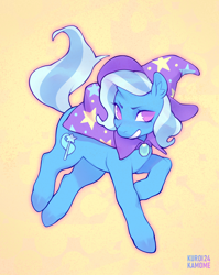Size: 2060x2592 | Tagged: safe, artist:kuroikamome, derpibooru import, trixie, pony, unicorn, g4, blue coat, brooch, cape, clothes, cutie mark, ear fluff, ears, flying, gem, hat, horn, jewelry, looking at you, multicolored mane, multicolored tail, pink eyes, simple background, smiling, solo, stars, tail, trixie's brooch, trixie's cape, trixie's hat, watermark, wavy mane, wavy tail, white mane, white tail
