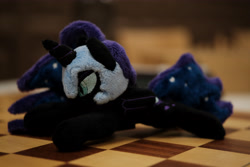 Size: 6240x4160 | Tagged: safe, artist:psychoshy_bc1q, nightmare moon, alicorn, pony, bokeh, chess, chessboard, irl, photo, plushie, solo