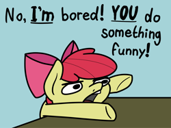 Size: 2048x1532 | Tagged: safe, artist:ewoudcponies, derpibooru import, apple bloom, earth pony, pony, g4, blue background, cyan background, female, filly, foal, open mouth, simple background, solo, table, text