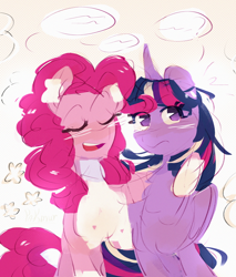 Size: 2550x3000 | Tagged: safe, artist:pakmur, derpibooru import, pinkie pie, twilight sparkle, twilight sparkle (alicorn), alicorn, earth pony, pony, g4, cute, duo, duo female, ear fluff, ears, eyes closed, female, half body, hug, smiling