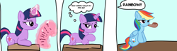 Size: 1200x349 | Tagged: safe, artist:trixxiefloof, derpibooru exclusive, derpibooru import, rainbow dash, twilight sparkle, unicorn twilight, pegasus, pony, unicorn, g4, 3 panel comic, comic, dialogue, female, garfield, horn, mare, meme, photo, pipe, ponified, ponified meme, thought bubble