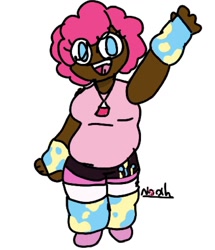 Size: 972x1130 | Tagged: safe, artist:crimsonnoah, derpibooru import, pinkie pie, human, g4, arm warmers, chubby, clothes, cutie mark on clothes, dark skin, humanized, leg warmers, simple background, solo, white background