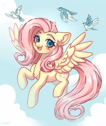 Size: 3459x4096 | Tagged: safe, artist:konejo, derpibooru import, fluttershy, bird, pegasus, pony, g4, cloud, cute, female, flying, looking at you, open mouth, open smile, shyabetes, simple background, sky, smiling, smiling at you, solo, spread wings, wings