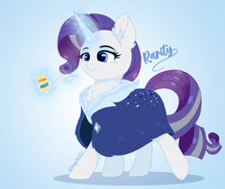 Size: 2628x2211 | Tagged: safe, artist:emyart18, derpibooru import, rarity, pony, unicorn, g4, the last problem, bags under eyes, blue background, chest fluff, cloak, clothes, cute, female, gradient background, horn, magic, mare, older, older rarity, rainbow thread, simple background, smiling, solo, spool, telekinesis