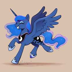 Size: 1024x1024 | Tagged: safe, ai content, derpibooru import, generator:pony diffusion v6 xl, generator:stable diffusion, machine learning generated, princess luna, alicorn, pony, g4, concave belly, cute, eyes closed, female, grin, lunabetes, mare, prompter:pika-robo, simple background, smiling, solo, spread wings, sweet dreams fuel, tan background, trotting, wings