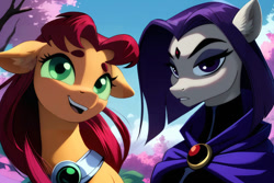 Size: 1095x730 | Tagged: safe, ai content, derpibooru import, machine learning generated, pony, cherry blossoms, crossover, dc comics, flower, flower blossom, open mouth, ponified, prompter:cunningstuntda, raven (dc comics), species swap, starfire, teen titans