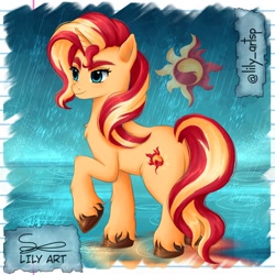 Size: 1580x1580 | Tagged: safe, artist:liliart1211, derpibooru import, sunset shimmer, pony, unicorn, g4, bacon, digital art, digital painting, fanart, food, horn, magic, meat, painting, rain, sunset, water