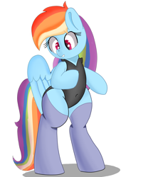 Size: 2500x3000 | Tagged: safe, artist:kenzie, derpibooru import, rainbow dash, pegasus, pony, g4, belly button, bipedal, clothes, cute, dashabetes, female, happy, human shoulders, latex, latex suit, mare, paint tool sai, partially open wings, simple background, simple shading, smiling, socks, solo, thigh highs, thighs, white background, wings