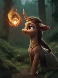 Size: 768x1024 | Tagged: safe, ai content, derpibooru import, generator:pony diffusion v6 xl, generator:stable diffusion, machine learning generated, pony, unicorn, braid, brown eyes, brown mane, clothes, ears, female, floppy ears, forest, horn, looking up, magic, magic aura, nature, outdoors, prompter:den smog, tree