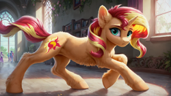 Size: 1920x1080 | Tagged: safe, ai content, derpibooru import, generator:stable diffusion, machine learning generated, sunset shimmer, pony, unicorn, equestria girls, g4, canterlot high, concave belly, female, full body, generator:autismmix confetti, high school, horn, human world, lacrimal caruncle, looking at you, mare, prompter:truekry, sneaking, solo