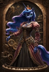 Size: 3328x4864 | Tagged: safe, ai content, derpibooru import, generator:stable diffusion, machine learning generated, part of a set, princess luna, alicorn, anthro, g4, blue mane, blue skin, clothes, crown, dress, ethereal mane, female, gears, gown, jewelry, multicolored hair, portrait of a princess, prompter:lunarusnexus, regalia, solo, steampunk