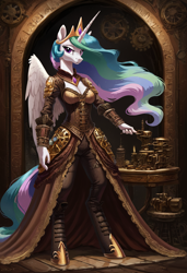Size: 3328x4864 | Tagged: safe, ai content, derpibooru import, generator:stable diffusion, machine learning generated, part of a set, princess celestia, alicorn, anthro, unguligrade anthro, g4, clothes, crown, dress, ethereal mane, female, gears, gown, jewelry, multicolored hair, portrait of a princess, prompter:lunarusnexus, regalia, solo, steampunk