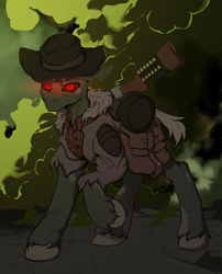 Size: 4930x6104 | Tagged: safe, artist:tatykin, derpibooru import, oc, oc:sticks, earth pony, ghoul, undead, fallout equestria, dark background, fallout, glowing, glowing eyes, green coat, gun, hat, hunter, looking at you, male, menacing, radiation, raised hoof, raised leg, rifle, standing, threatening, wasteland, weapon