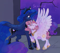 Size: 1700x1500 | Tagged: safe, artist:abbytabbys, derpibooru import, princess celestia, princess luna, alicorn, pony, friendship is magic, g4, alternate universe, blue coat, blue mane, castle of the royal pony sisters, colored, colored eyebrows, crown, crying, curly hair, curly mane, curly tail, detailed background, dialogue, duo, duo female, ears back, ethereal mane, ethereal tail, eye clipping through hair, eyebrows, eyebrows visible through hair, eyelashes, eyes closed, eyeshadow, female, folded wings, frown, gradient mane, gradient tail, height difference, hoof shoes, horn, indoors, jewelry, large wings, long horn, long mane, long tail, looking at someone, makeup, night, open frown, open mouth, peytral, pink mane, pink tail, pink-mane celestia, princess shoes, profile, purple eyeshadow, raised hoof, raised leg, regalia, reunion, role reversal, royal sisters, shiny mane, shiny tail, short tail, siblings, sisters, sparkly mane, sparkly tail, spread wings, standing, starry mane, starry tail, stars, tail, talking, teeth, text, tiara, unicorn horn, white coat, wing fluff, wings, young celestia, younger celestia