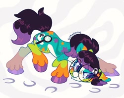 Size: 828x657 | Tagged: safe, artist:bishopony, derpibooru import, oc, oc only, oc:mystery clue, earth pony, pony, :t, abstract background, big glasses, blaze (coat marking), coat markings, colored, colored belly, colored eartips, colored hooves, commission, crouching, eyelashes, facial markings, female, freckles, glasses, hairclip, hoofprints, investigation, leaning, leaning forward, mare, mealy mouth (coat marking), multicolored coat, narrowed eyes, pale belly, ponytail, purple eyes, purple hooves, round glasses, scrunchy face, shiny hooves, shiny mane, shiny tail, signature, socks (coat marking), solo, starry eyes, tail, tied mane, two toned mane, two toned tail, unshorn fetlocks, walking, wingding eyes