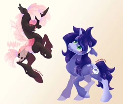 Size: 828x707 | Tagged: safe, artist:bishopony, derpibooru import, oc, oc only, changeling, pony, unicorn, bald face, big eyes, black coat, blaze (coat marking), blush scribble, blushing, carapace, changeling eyes, changeling horn, changeling oc, changeling wings, coat markings, colored, colored eartips, colored horn, colored pinnae, commission, curly hair, curly mane, curly tail, duo, ear tufts, ears, facial hair, facial markings, fangs, flapping wings, floppy ears, flying, gradient background, green eyes, horn, insect wings, lidded eyes, long mane, long tail, looking at someone, motion lines, oc name needed, open mouth, open smile, pink changeling, pink eyes, purple coat, purple mane, purple tail, raised hoof, raised hooves, raised leg, rearing, shiny eyes, shiny mane, shiny tail, short mane, short tail, signature, smiling, smiling at someone, socks (coat marking), standing, tail, unicorn horn, unicorn oc, wavy mane, wavy tail, wingding eyes, wings