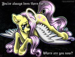 Size: 1544x1177 | Tagged: safe, artist:expectationemesis, derpibooru import, fluttershy, angel, pegasus, pony, g4, crying, ears, female, floppy ears, halo, hoof heart, mare, pink hair, sad, signature, simple background, teal eyes, text, white wings, wings, yellow coat