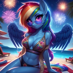 Size: 1024x1024 | Tagged: safe, ai content, derpibooru import, generator:dall-e 3, machine learning generated, rainbow dash, anthro, g4, abs, aviator sunglasses, beach, beach chair, bikini, breasts, chair, cleavage, clothes, fireworks, looking at you, night, off shoulder, palm tree, prompter:glimmy-glam, shawl, solo, sunglasses, swimsuit, towel, tree, umbrella