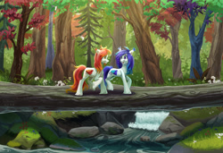 Size: 3800x2600 | Tagged: safe, artist:teaflower300, derpibooru import, oc, oc only, pegasus, pony, colored wings, commission, duo, ear piercing, ear tufts, earring, facial hair, forest, goatee, jewelry, looking at each other, looking at someone, multicolored wings, nature, open mouth, open smile, pegasus oc, piercing, river, scenery, smiling, smiling at each other, stream, tree, water, waterfall, wings