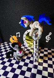 Size: 3468x5005 | Tagged: safe, alternate version, artist:malte279, derpibooru import, part of a set, dj pon-3, octavia melody, vinyl scratch, g4, cello, chase, chenille, chenille stems, chenille wire, craft, disco ball, duo, duo female, female, musical instrument, pipe cleaner sculpture, pipe cleaners