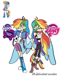 Size: 965x1240 | Tagged: safe, artist:aravaliadatlia, derpibooru import, rainbow dash, human, equestria girls, g4, alternate hairstyle, bandage, belt, boots, choker, clothes, cute, dashabetes, ear piercing, earring, elf ears, evening gloves, female, fingerless elbow gloves, fingerless gloves, gloves, grin, humanized, jewelry, knife, long gloves, midriff, natural hair color, piercing, shoes, shorts, simple background, smiling, solo, sports bra, sports shorts, tail, tailed humanization, tanktop, white background, winged humanization, wings