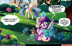 Size: 2560x1661 | Tagged: safe, artist:faline-art, artist:lummh, derpibooru import, princess cadance, princess celestia, smarty pants, alicorn, pony, comic:the princess of love, g4, book, butt, canterlot gardens, cute, cutedance, dialogue, duo, duo female, female, filly, filly cadance, flower, foal, garden, hedge, high res, levitation, looking back, magic, mare, mouth hold, plot, reading, scissors, sewing, sewing needle, sitting, speech bubble, spread wings, sunbutt, telekinesis, thought bubble, tree, wings, younger