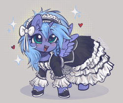 Size: 1935x1616 | Tagged: safe, artist:krista-21, derpibooru import, princess luna, alicorn, pony, g4, blush lines, blushing, bow, clothes, commission, commissioner:shaddar, cute, dress, female, filly, foal, hair bow, head turn, heart, lunabetes, open mouth, open smile, s1 luna, smiling, solo, sparkles, victorian, woona, younger