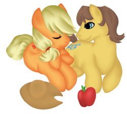 Size: 750x671 | Tagged: safe, artist:chioro, applejack, caramel, earth pony, pony, apple, applejack's hat, carajack, clothes, female, food, hat, male, mare, shipping, stallion, straight