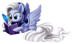 Size: 3000x1832 | Tagged: safe, artist:centchi, derpibooru import, fanfic:silver glow's journal, g3, g4, book, fanfic art, female, g3 to g4, generation leap, quill, silver glow, simple background, solo, transparent background