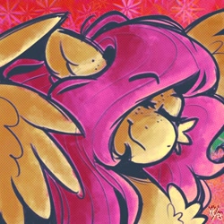 Size: 1024x1024 | Tagged: safe, artist:fluttersharpi, artist:yumkandie, derpibooru import, fluttershy, pegasus, pony, g4, abstract background, bust, eyebrows, eyebrows visible through hair, eyes closed, female, fluffy, mare, signature, smiling, solo, wings