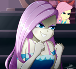 Size: 2134x1934 | Tagged: safe, artist:the-butch-x, derpibooru import, fluttershy, human, a fine line, equestria girls, g4, arms, breasts, bust, cleavage, clothes, dress, evil fluttershy, evil grin, eye clipping through hair, eyebrows, eyebrows visible through hair, eyeshadow, female, fingers, fluttershy's revenge, grin, hairpin, hand, high res, hootershy, lidded eyes, long hair, makeup, my little pony equestria girls: better together, scene interpretation, screencap reference, signature, smiling, smirk, solo, standing, teenager, teeth