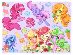 Size: 1890x1417 | Tagged: safe, artist:chonpsk, derpibooru import, berry punch, berryshine, carrot top, daisy, flower wishes, golden harvest, lily, lily valley, minuette, rainbowshine, roseluck, earth pony, pegasus, pony, unicorn, g4, carrot, cloud, cute, female, flower, flying, food, horn, looking at you, looking back, looking back at you, one eye closed, present, smiling, sparkles, wink