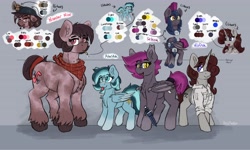 Size: 4096x2462 | Tagged: safe, alternate version, artist:reddthebat, derpibooru import, oc, oc only, oc:alaska (reddthebat), oc:number nine, oc:selena (reddthebat), oc:violina (reddthebat), bat pony, earth pony, ghost, ghost pony, pegasus, pony, undead, unicorn, bandana, bat pony oc, chest fluff, cigarette, color palette, eyebrows, eyebrows visible through hair, fangs, female, freckles, gray background, hair over one eye, height difference, high res, horn, knife, looking at you, looking up, mare, open mouth, open smile, simple background, smiling, smiling at you, smoking, tongue, tongue out, unshorn fetlocks