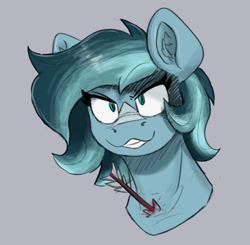 Size: 864x848 | Tagged: safe, artist:reddthebat, derpibooru import, oc, oc only, oc:alaska (reddthebat), ghost, ghost pony, pegasus, pony, arrow, blood, bust, ear fluff, ears, female, furrowed brow, gray background, grin, mare, mischievous, simple background, smiling, solo