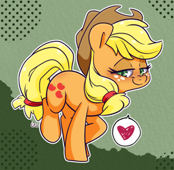 Size: 1832x1788 | Tagged: safe, artist:lou, derpibooru import, applejack, earth pony, pony, g4, abstract background, bedroom eyes, bipedal, blushing, cute, female, heart, jackabetes, lidded eyes, looking at you, mare, pictogram, smiling, smiling at you, solo, speech bubble