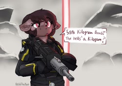 Size: 2422x1716 | Tagged: safe, artist:reddthebat, derpibooru import, oc, oc only, oc:number nine, earth pony, pony, armor, bipedal, dialogue, ears, female, floppy ears, gun, helldivers 2, hoof hold, mare, solo, speech bubble, talking to viewer, weapon