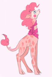 Size: 599x880 | Tagged: safe, artist:daydreamaskblog, derpibooru import, pinkie pie, giraffe, g4, clothes, female, giraffe pie, giraffied, looking up, pink background, scarf, simple background, solo, species swap