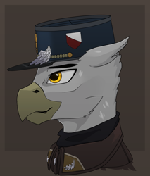 Size: 920x1080 | Tagged: safe, artist:callsign-echo, derpibooru import, oc, oc only, oc:charles-guillaume-ferdinand de greifenwald-strawberry, griffon, equestria at war mod, bust, cap, clothes, griffon oc, hat, military uniform, portrait, solo, uniform