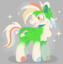 Size: 628x636 | Tagged: safe, artist:kaijulii, derpibooru import, oc, oc only, earth pony, chest fluff, chest markings, cute, ear fluff, ears, earth pony oc, frizzy hair, full body, golden eyes, gray background, green coat, green fur, leg markings, lineless, male, messy hair, messy mane, mismatched hooves, multicolored fur, multicolored hair, multicolored mane, multicolored tail, oc name needed, open mouth, open smile, pale belly, rainbow hair, simple background, smiling, solo, sparkles, spots, spotted, stallion, stallion oc, tail