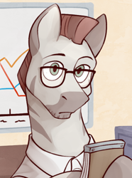 Size: 520x700 | Tagged: safe, artist:bunnyshrubby, derpibooru import, oc, oc only, oc:azizelqart zahummid, zebra, equestria at war mod, bust, clothes, file cabinet, glasses, notepad, portrait, solo, whiteboard, zebra oc