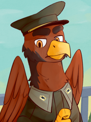 Size: 520x700 | Tagged: safe, artist:bunnyshrubby, derpibooru import, oc, oc only, oc:henri anjer, griffon, equestria at war mod, bust, cap, clothes, griffon oc, hat, military uniform, portrait, solo, uniform